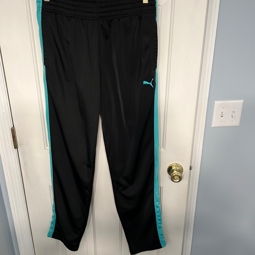 Puma Sport Pants Black with Aqua Blue Stripes down each Leg